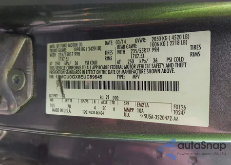 2014 Ford Escape Se из США, поврежденный, VIN 1FMCU0GX8EUC89645